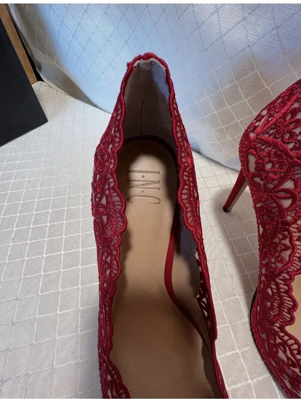 INC Red Lace Rhinestone Pointed Toe Stiletto Heels Size 8